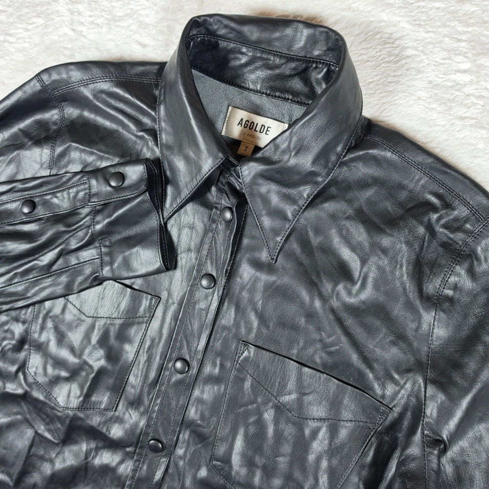Agolde AE3026-F1287 Women S Black L/S Button Up Vegan Stretchy Leather Shirt
